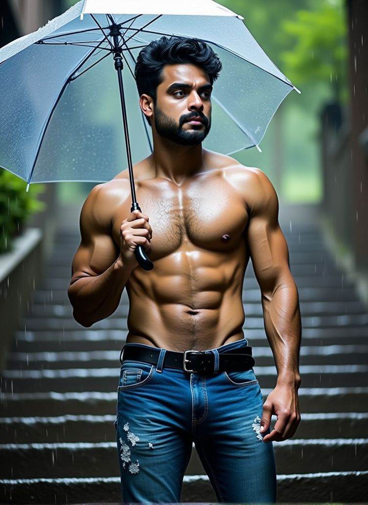 tovino thomas ,  stands on a large stone staircase,  the rainwater cascading on the steps. He holds a transparent umbrella...