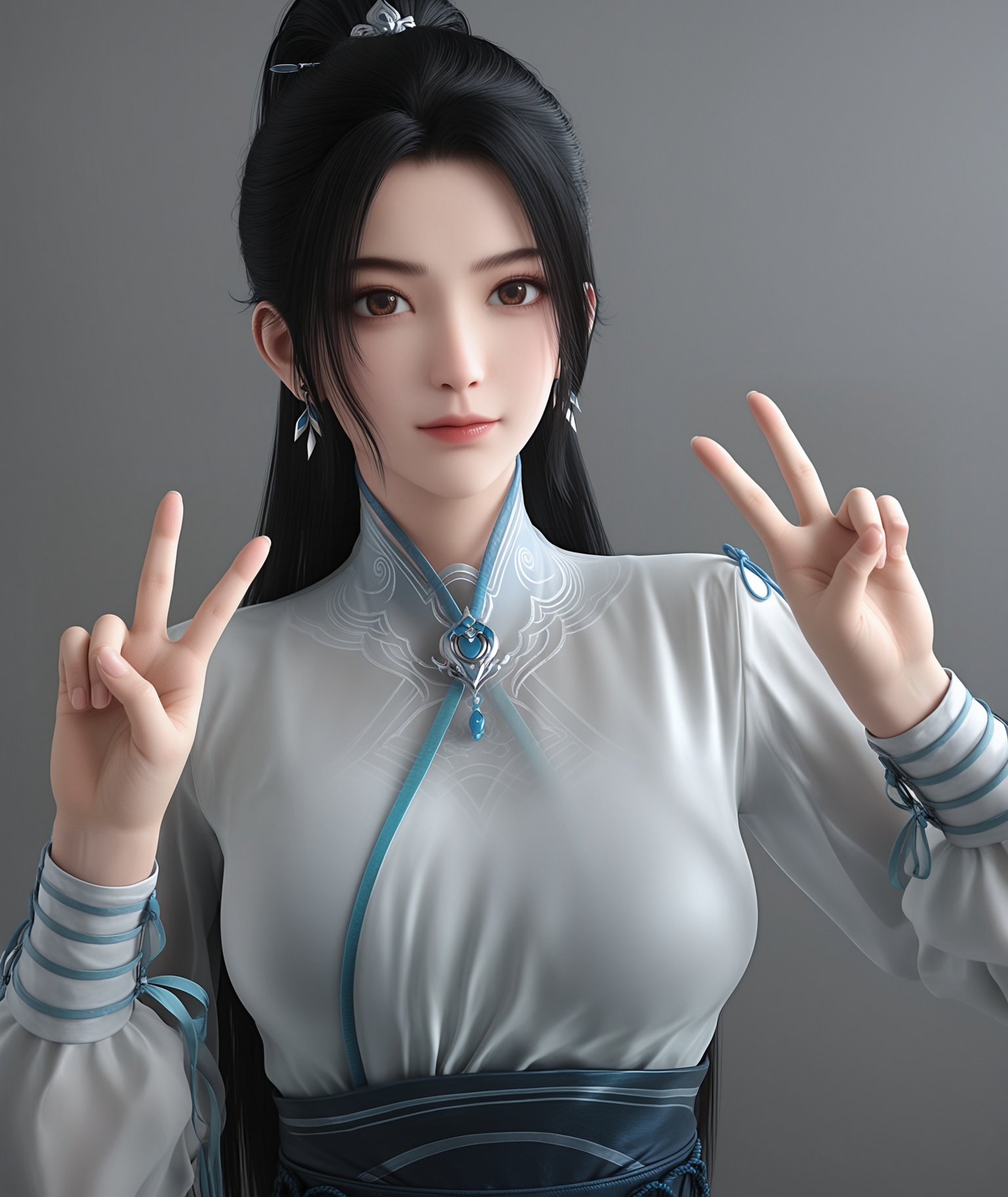 (score_9),masterpiece,best quality,absurdres,highres,BREAKwhite_skin,(fair_skin:1.1),<lora:宁姚-ill-000009:0.85>,ningyao,1girl,solo,long hair,black hair,ponytail,jewelry,earrings,brown eyes,chinese clothes,sash,collarbone,(large breasts),puffy chest,looking at viewer,happy_birthday,happy_new_year,front view,(upper body),(double_v:1.1),BREAKsimple background,Tyndall effect,Cinematic Lighting,Volumetric Lighting,