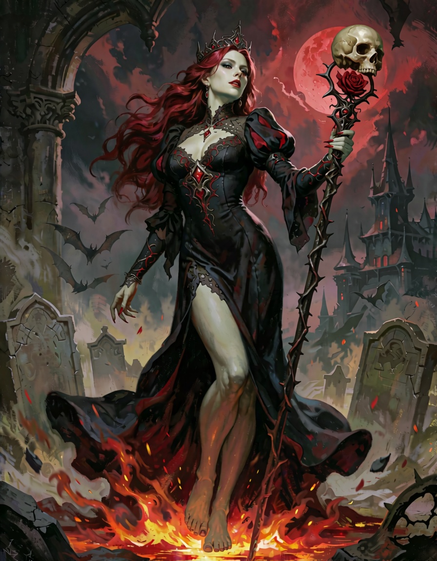 A hauntingly cinematic masterpiece unfolds under the oppressive glow of a blood-red moon that dominates the night sky abov...