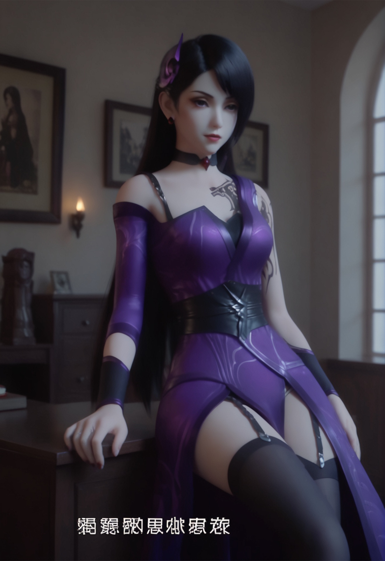 1girl,solo,long hair,black hair,hair ornament,thighhighs,dress,choker,black thighhighs,indoors,tattoo,garter straps,purple dress,asymmetrical sleeves,<lora:无名反派10:1>,