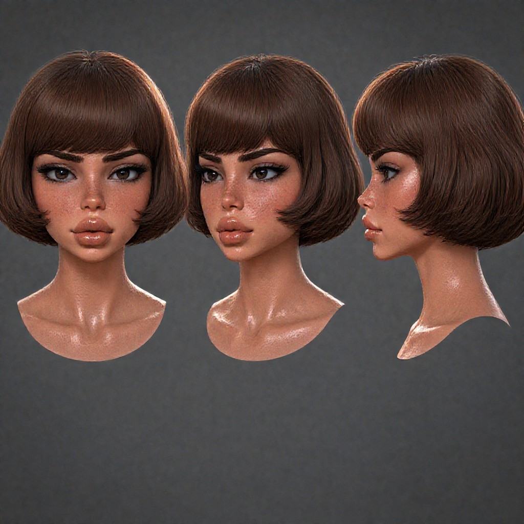 This is a digital 3D rendering of a female character's head in three different views: front,  center,  and profile. The ch...