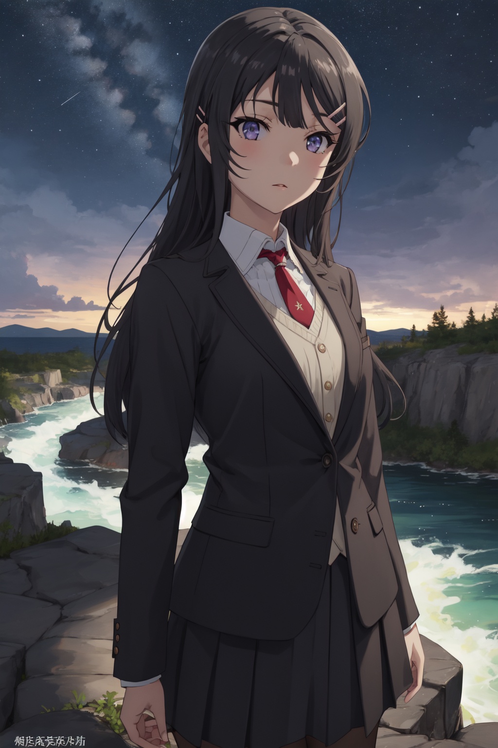 <lora:Mai-000010:0.8>,Mai CYQL,1girl,looking at viewer,solo,black_hair,long_hair,hairclip,hair_ornament,purple eyes,Airline staff members dressed in elegant navy blue outfits, featuring a fitted blazer, knee-length skirt, and a signature logo pin.,drunk,portrait,River, Canyon, Rocks, Water, Rapids, Wildlife, Serenity, Adventure,(Date palms, Cacti, Oasis pool, Hot sand, Glaring sunlight, Mirage:0.5),beautiful detailed sky,beautiful detailed glow,posing in front of a colorful and dynamic background,masterpiece,best quality,beautiful and aesthetic,contrapposto,female focus,wallpaper,
