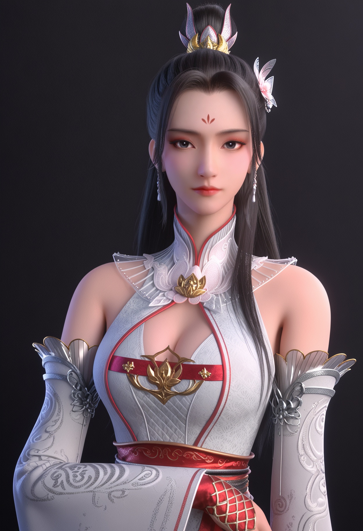 score_9,looking_at_viewer,upper body,(large breasts:0.8),1girl,solo,long hair,black hair,jewelry,earrings,dress,hair ornament,forehead mark,realistic,closed mouth,white dress,bare shoulders,chinese clothes,detached sleeves,hair bun,clothing cutout,cleavage cutout,high heels,(simple background,pure black background,black background:1.1),perfect_anatomy,<lora:QQSponybaihehuaiV1:0.8>,