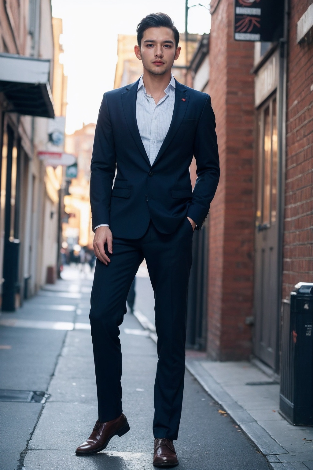 (1man:1.4),(male:1.2),(full body:1.2),(Collared shirt and blazer and suit trousers:1.4),<lora:Male_3:0.8>,