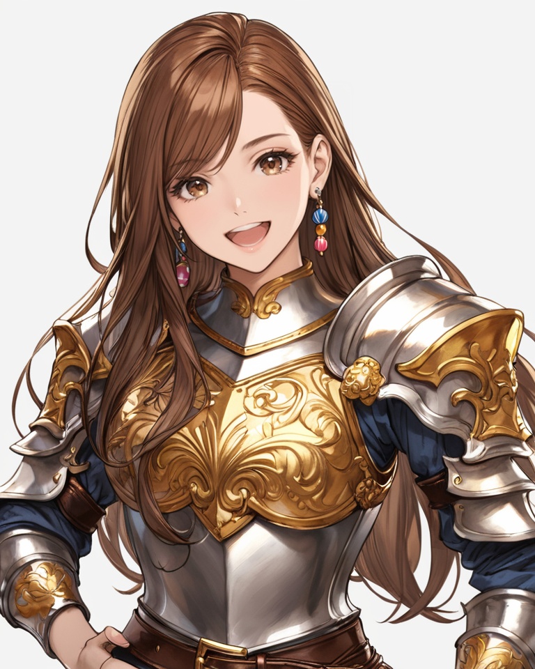 (best quality), ((masterpiece)), (highres), illustration, original, extremely detailed, <lora:JTのGame Character XL:0.7>1girl, earrings, long hair, solo, jewelry, armor, brown hair, food, white background, candy, smile, simple background, breastplate, looking at viewer, brown eyes, open mouth, belt