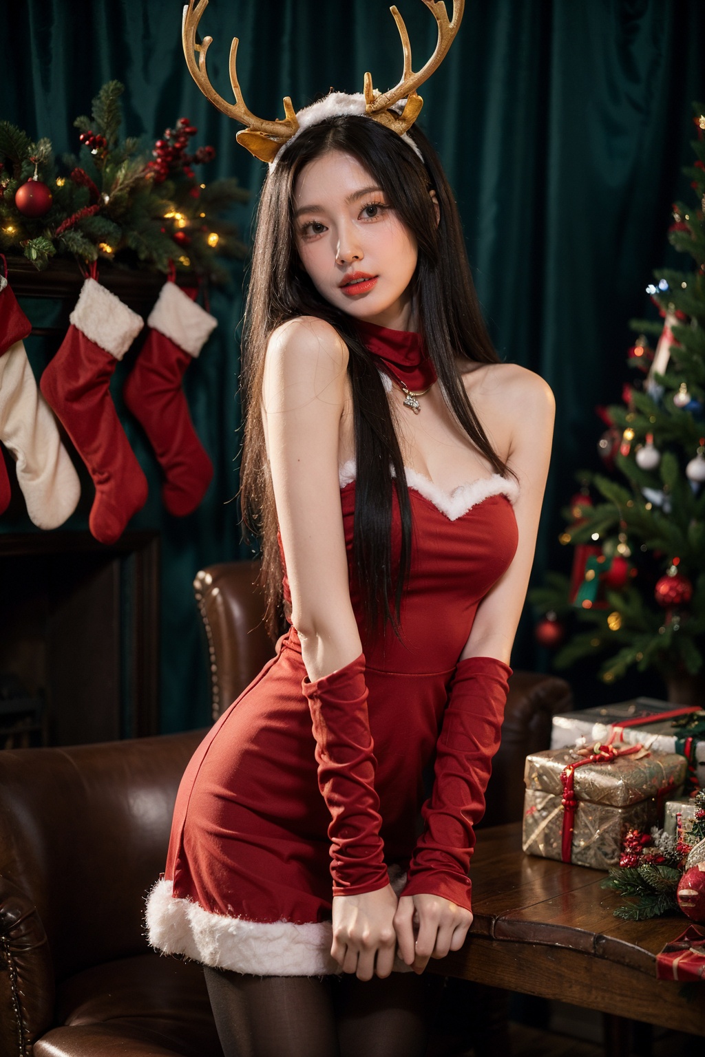 1girl,christmas,bare shoulders,antlers,(cowboy shot close-up),standing,exquisite eyes,night,cityscape,snowing,striped stockings,elegant posture,<lora:Christmas_20231212224057-000008:0.7>,(an extremely delicate and beautiful),(best quality),((masterpiece)),intricate detail,(masterpiece, high quality, best quality),