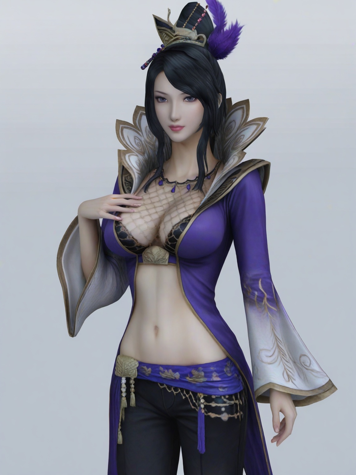 score_9,1girl,solo,long hair,hair ornament,black hair,eyelashes,large breasts,pants,standing,wide sleeves,lipstick,midriff,looking at viewer,white background,simple background,cowboy_shot,<lora:SF_ZhengJi_Pony_Realism2.3-000002:0.7>,