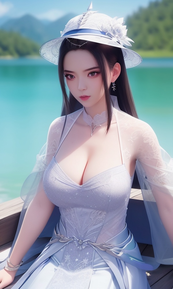 (,1girl, ,best quality, ),looking at viewer, <lora:431-DA-逆天邪神-楚月婵:0.8> ,ultra detailed 8k cg, ultra detailed background,  ,masterpiece, (( , )) , lake,upper body,   (cleavage), (), 
