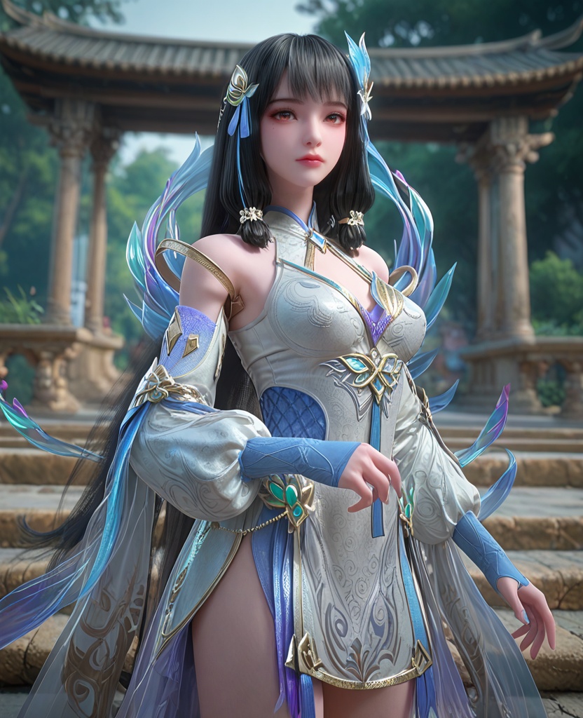 (oriental architecture, elegant decor, sophisticated style:1.1),(slouching:1.1),(breasts:1.2),<lora:XL百炼成神云落透纱:0.9>,miss yunluobaiyi,white dress,hair flower,hair tubes,detached sleeves,black hair,hair ribbon,blunt bangs,waist blue mesh,orange eyes,tassel,see-through overskirt,jewelry,, zPDXL2, score_9, score_8_up, score_7_up BREAK realistic, masterpiece,best quality, highly detailed,, zPDXL3, zPDXL2,zPDXL, zPDXLxxx, zPDXLrl,