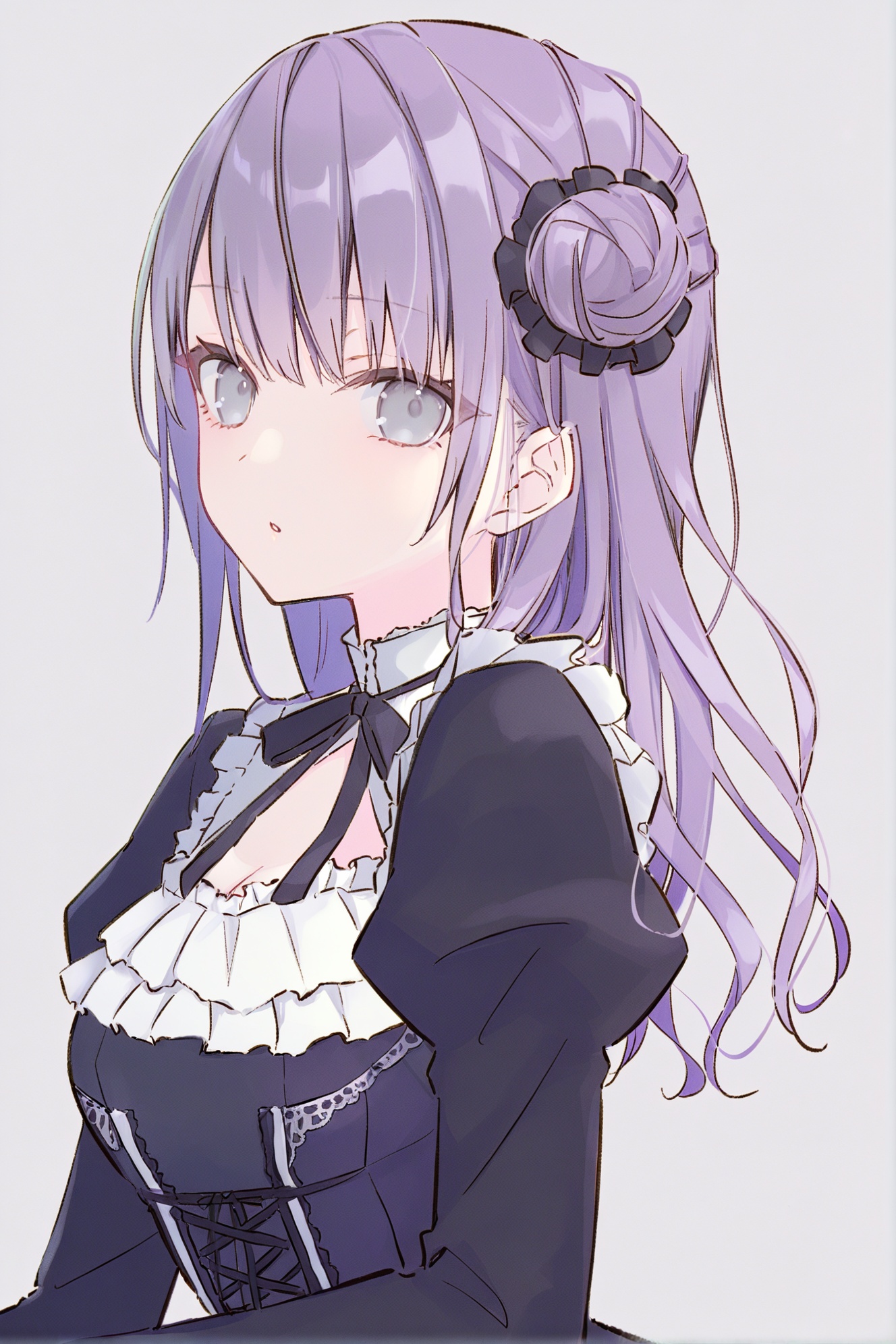 1girl, solo, long hair, long sleeves, looking at viewer, black dress, dress, purple hair, upper body, parted lips, puffy sleeves, grey background, grey eyes, juliet sleeves, lolita fashion, breasts, gothic lolita, simple background, hair bun, sleeves past wrists, frills, cleavage cutout