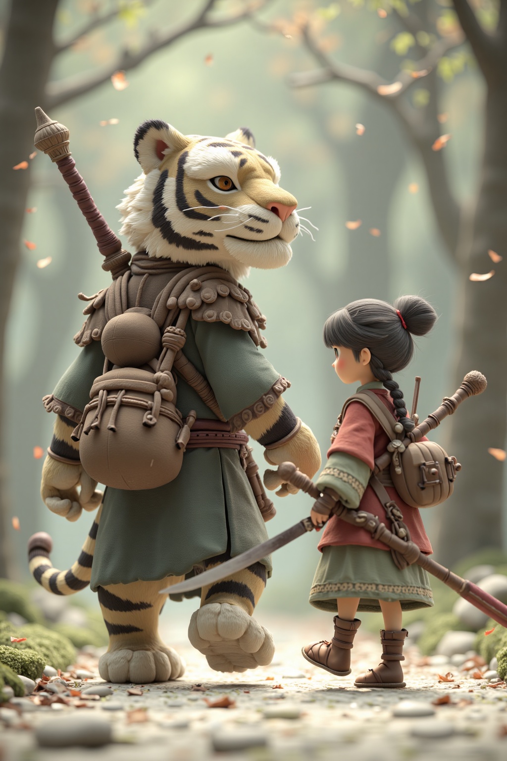 beijihui,tiger god walking beside warrior girl,