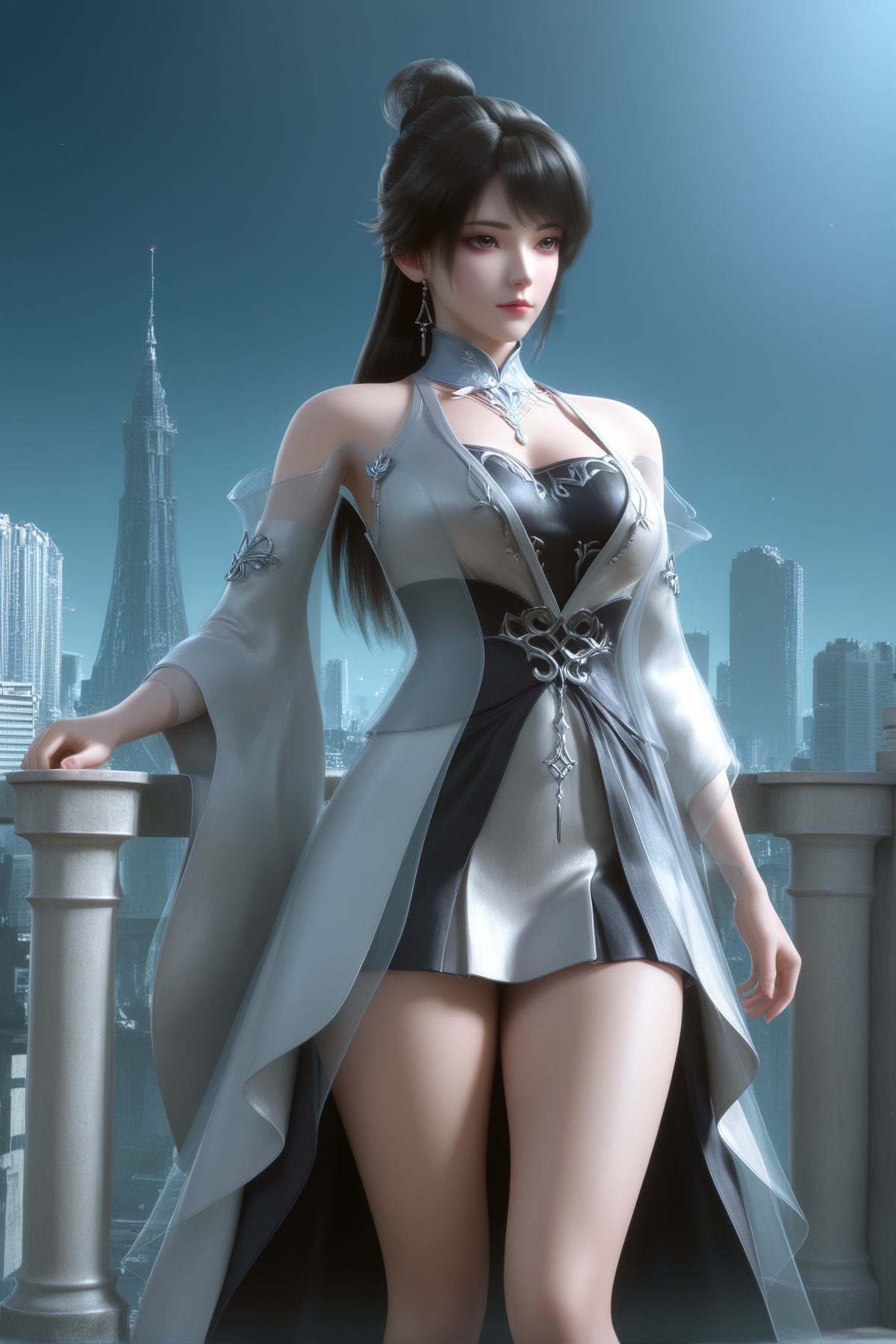masterpiece,best quality,realistic,cinematic,detail eyes,(ultra-detailed),perfect composition,intricate details,absurdres,detailed face,high quality,high res,8K,<lora:X_wanglin_IL4.0:0.8>,black hair,brown eyes,hair bun,1girl,long hair,breast,medium breast,hair_ornament,dress,bare_legs,thick_thighs,city,standing,