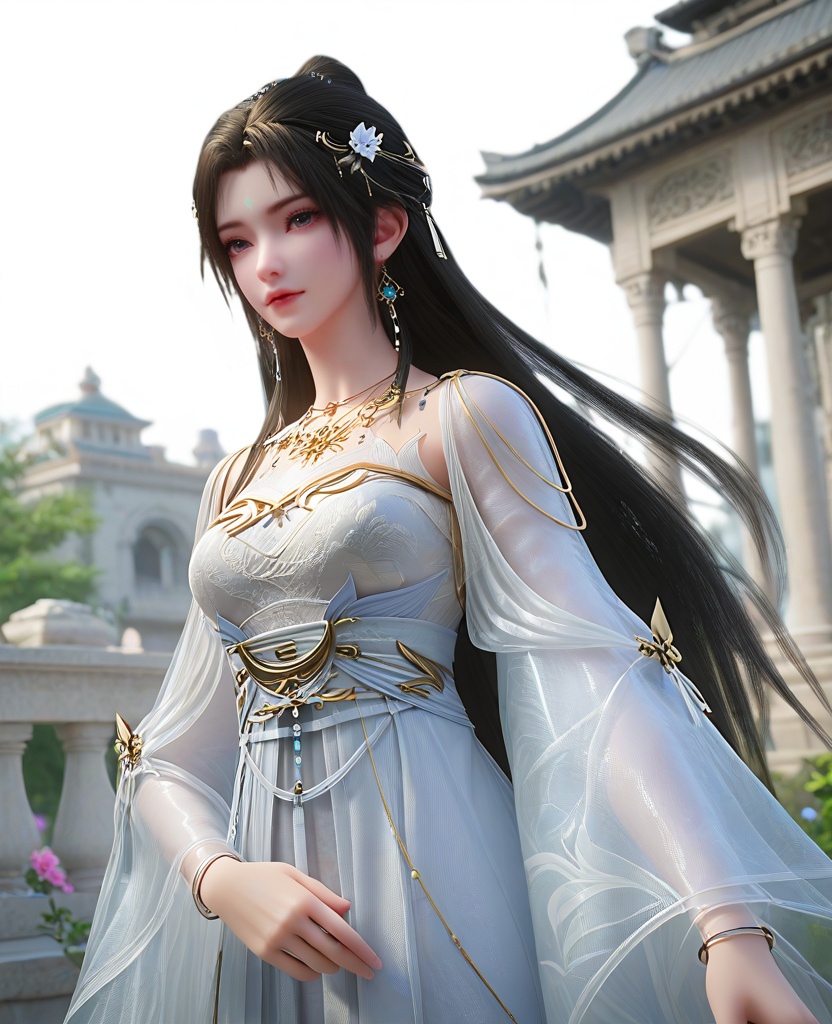(oriental architecture, elegant decor, sophisticated style:1.1),Standing, arms crossed,,(breasts:1.2),<lora:XL16完美世界清漪:0.95>,miss qingyi,white dress,forehead mark,black hair,hanging hair,long hair,hair ornaments,gem earrings,gold jewelry,necklace,see-through sleeves,sash,hair ribbon,bracelet,floral print,, zPDXL2, score_9, score_8_up, score_7_up BREAK realistic, masterpiece,best quality, highly detailed,, zPDXL3, zPDXL2,zPDXL, zPDXLxxx, zPDXLrl,