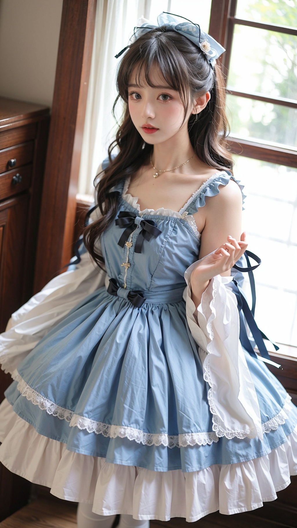 1girl, lolita fashion, blue dress,wide sleeves ,, <lora:YG公主洛丽塔1:0.75>,