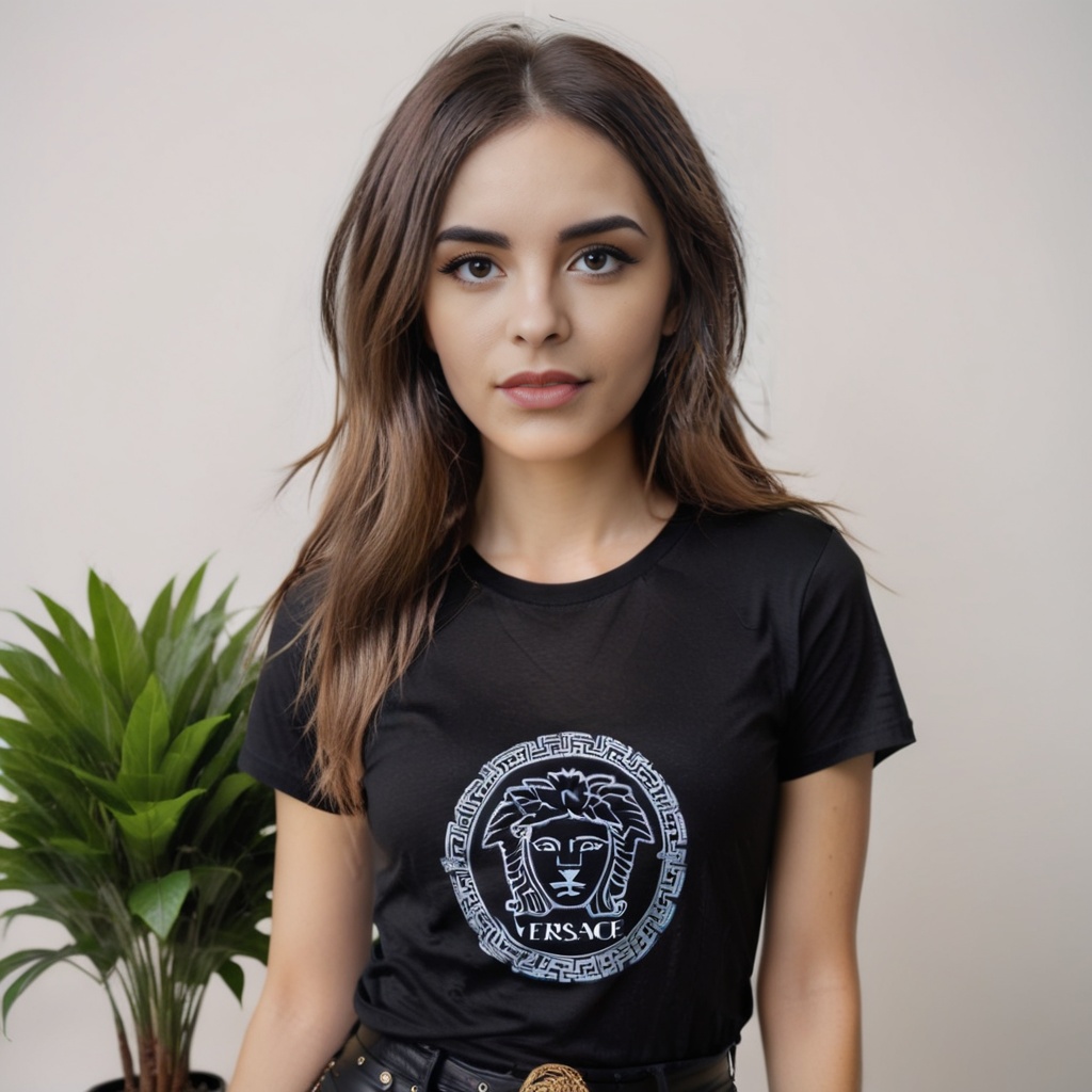 a photo of a woman wearing a plain black t-shirt,  where the t-shirt is fully visible,  with a white wall in the backgroun...