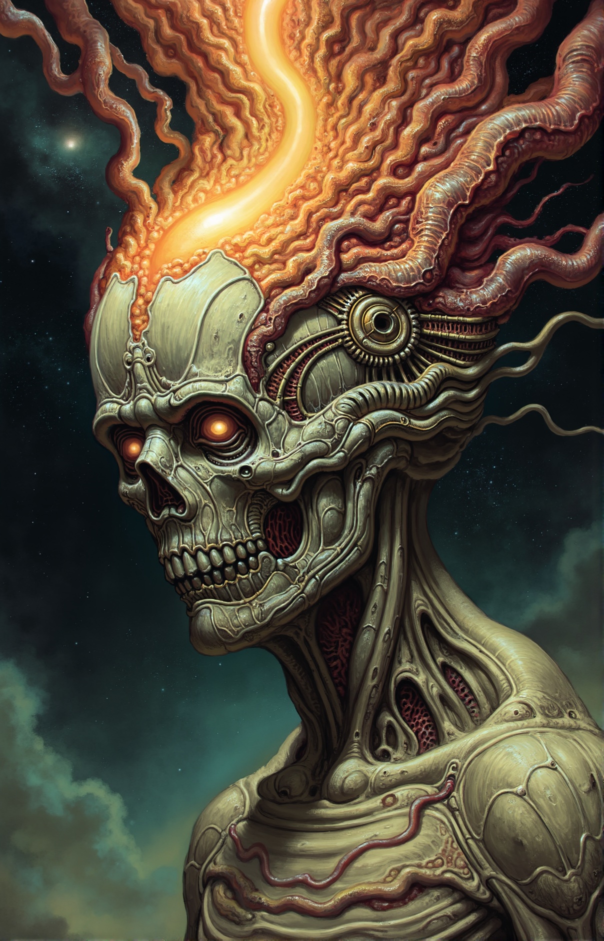 Biomechanical figure in the moment of sudden profound change — skull splitting open like a flower revealing glowing mechan...