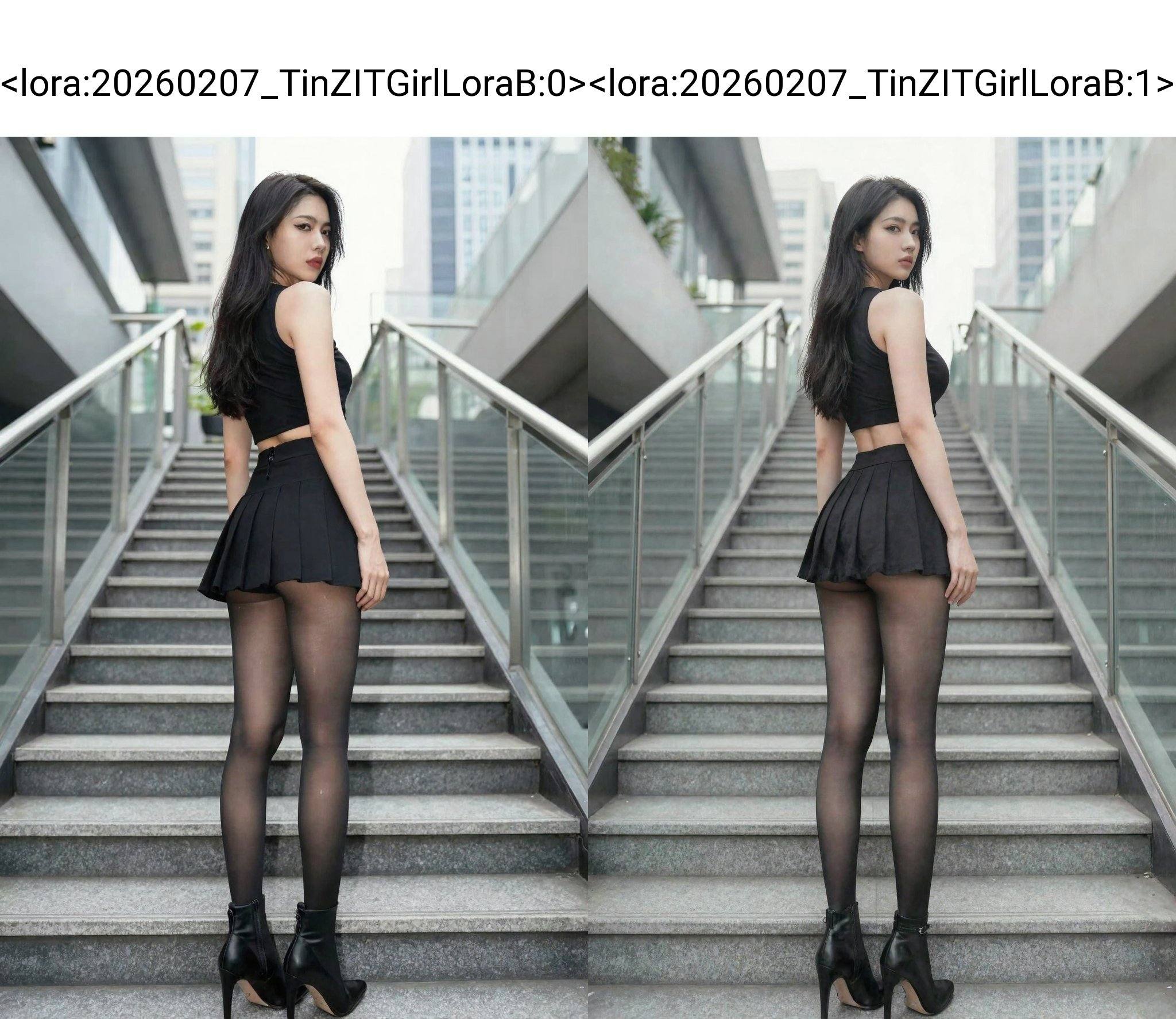 <lora:20260207_TinZITGirlLoraB:0>, This photograph features an Asian woman standing on a modern, urban staircase, likely in an outdoor setting. She is facing away from the camera, turning her head slightly to the right with a confident expression. She has long, dark hair that cascades down her back, and her skin tone is fair. Her outfit consists of a black, sleeveless crop top that accentuates her slim waist and small to medium-sized breasts. She wears a very short, pleated black mini-skirt that reveals her thighs and the tops of her sheer, black pantyhose, which highlight her toned legs. She completes her look with black high-heeled ankle boots that add a touch of edginess. The staircase she stands on is metal and glass, with a modern design, and leads upwards to an overpass. The background includes a cityscape with tall buildings, suggesting an urban environment. The lighting is natural, coming from above, casting soft shadows that emphasize the contours of her body. The overall mood of the image is bold and contemporary, with a focus on the subject's confident and stylish presentation.