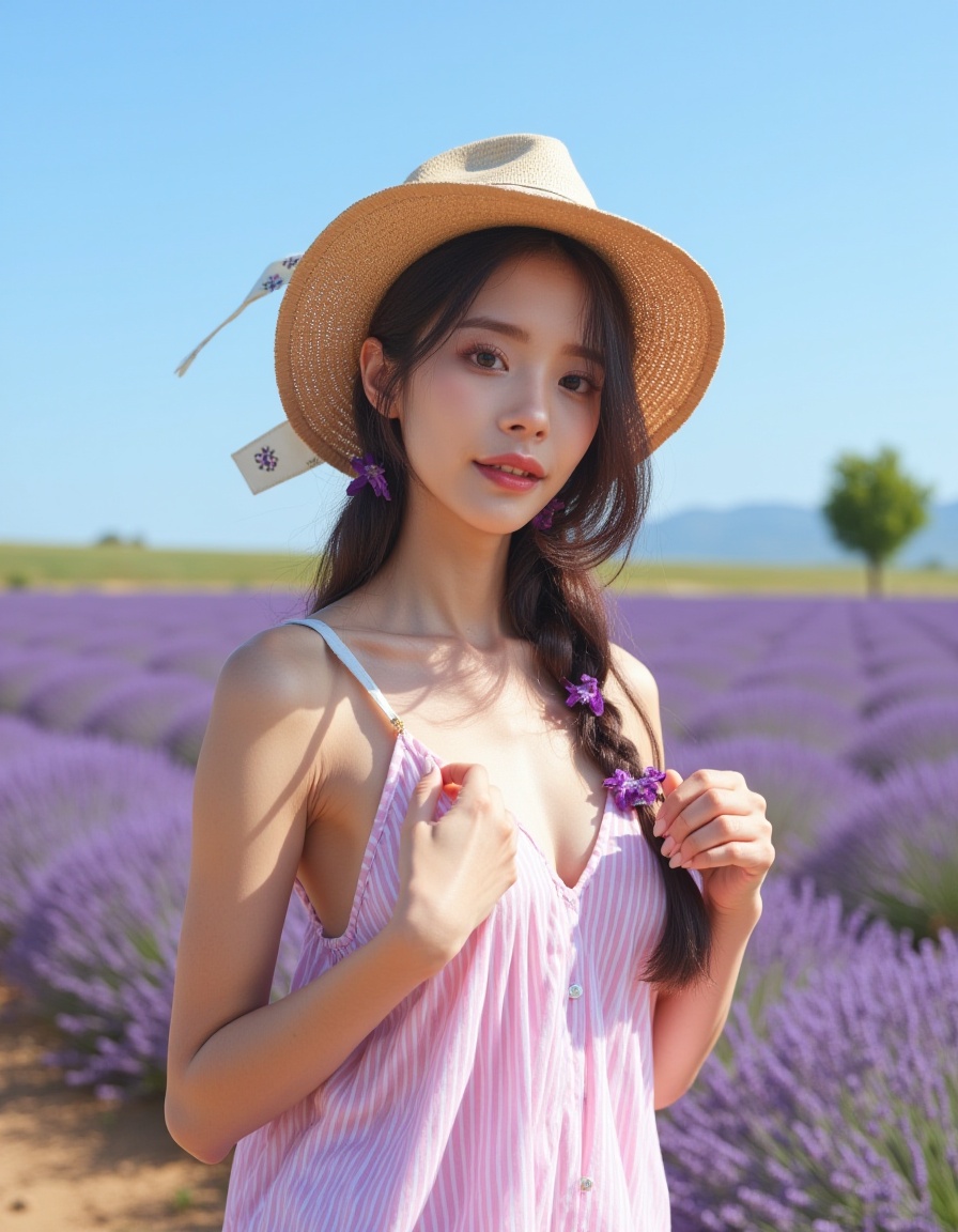 A young woman in a picturesque lavender field, basking under a clear blue sky. She wears a wide-brimmed straw hat adorned with a light floral-patterned ribbon tied under her chin, adding a touch of rustic charm to her appearance. Her hair, a deep shade, is styled in a neat braid with delicate purple flowers woven throughout, complementing the lavender blooms surrounding her. She is dressed in a loose, flowing top with soft pink stripes, creating an airy and relaxed look. Her hands gently grasp the ends of the ribbon, exuding a sense of tranquility and grace. The sun casts a warm glow on the scene, highlighting the vivid colors of the lavender and the greenery in the background. A single, slender tree stands off to one side, framing the idyllic setting. Capture the essence of a serene day in nature's beauty, with a focus on vibrant colors, natural elements, and soft lighting.
