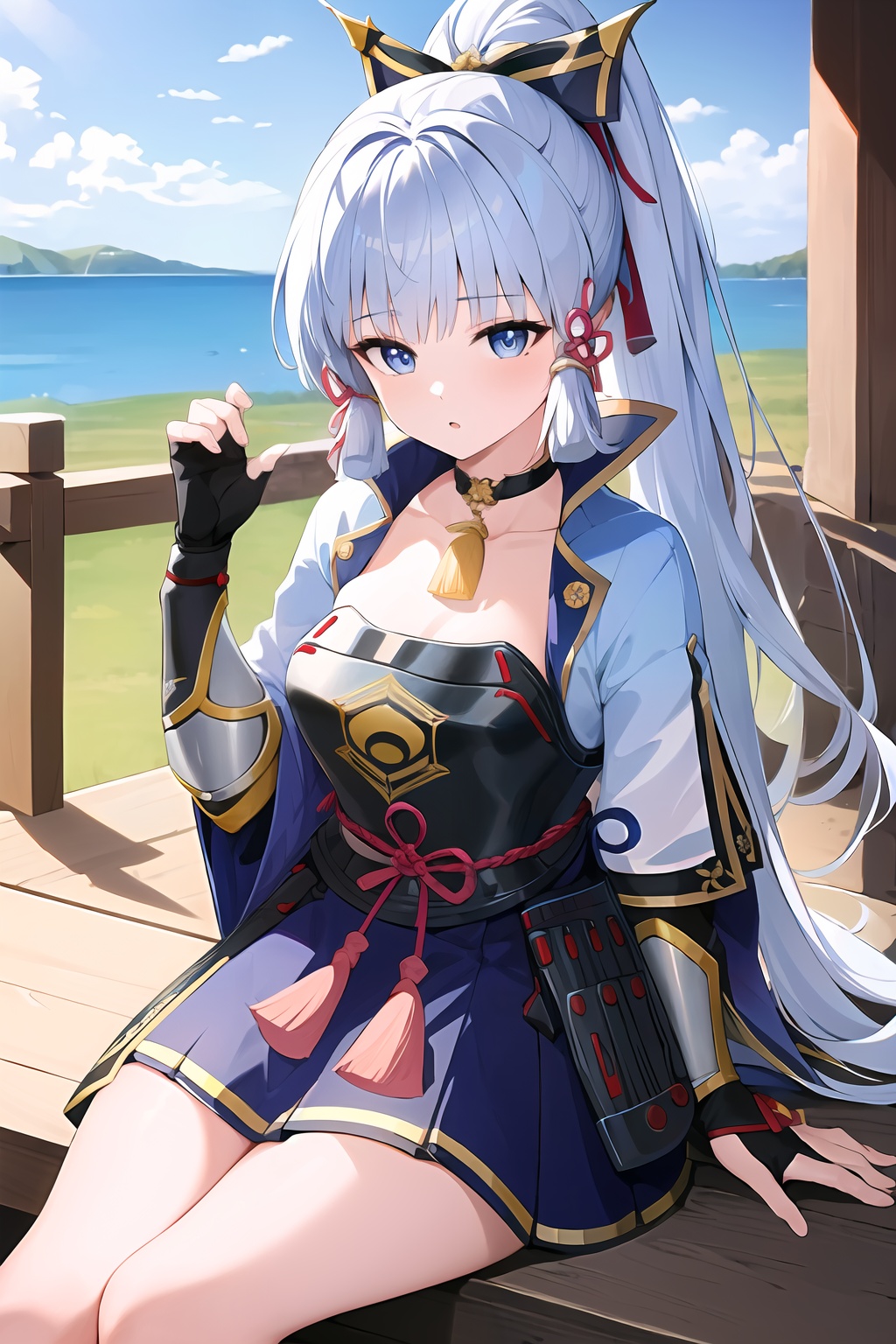 (masterpiece, best quality:1.2),insanely detailed,absurdres,ultra-highres,ultra-detailed,best quality,slender,kawaii,perfect symmetrical face,ultra cute girl,ultra cute face,ultra detailed eyes,ultra cute,ultra beautifu,<lora:kamisato ayaka-000008:1>,kamisato ayaka\(flawless radiance\),kamisato ayaka,1girl,solo,blue hair,grey eyes,breasts,partially fingerless gloves,tabi,long hair,ponytail,breastplate,hair ribbon,ribbon,hair ornament,choker,mole under eye,japanese clothes,vambraces,armored dress,tassel,sandals,japanese armor,bare legs,looking at viewer,outdoors,:o,sitting,from above,