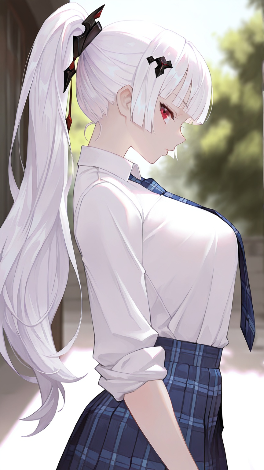 masterpiece,best quality,amazing quality,<lora:oto:0.8>,oto1 style,1girl,solo,long hair,looking at viewer,<lora:dayuexia:0.9>,dayuexia,long hair,1girl,red eyes,white hair,breasts,solo,oto1 style,1girl,solo,skirt,necktie,shirt,plaid,long hair,white shirt,blurry background,ponytail,school uniform,plaid skirt,blurry,pleated skirt,outdoors,blue skirt,from side,sleeves rolled up,blue necktie,collared shirt,day,cowboy shot,hair ornament,plaid necktie,profile,shirt tucked in,blunt bangs,