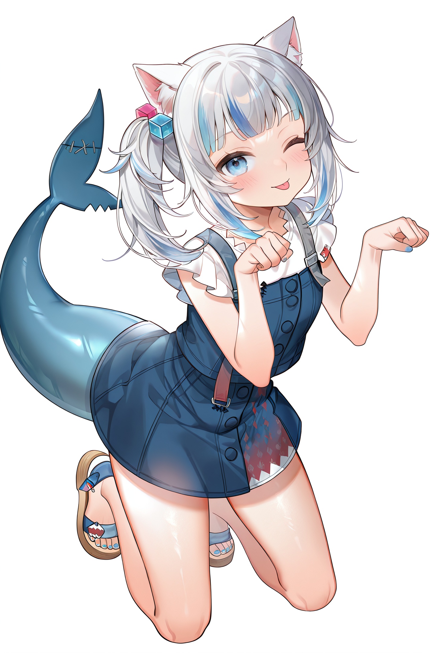 Machi Style,1girl,gawr gura,animal ears,tail,shark tail,fish tail,gawr gura \(casual\),solo,one eye closed,cat ears,blue eyes,multicolored hair,fins,streaked hair,blue hair,tongue,tongue out,grey hair,looking at viewer,sandals,blue nails,white background,nail polish,hair ornament,simple background,official alternate costume,shark girl,shirt,side ponytail,skirt,white shirt,blush,animal ear fluff,full body,;p,toenails,blue skirt,blunt bangs,toenail polish,cube hair ornament,kneeling,paw pose,bare legs,hands up,<lora:Machi_illustriousXL:1>,