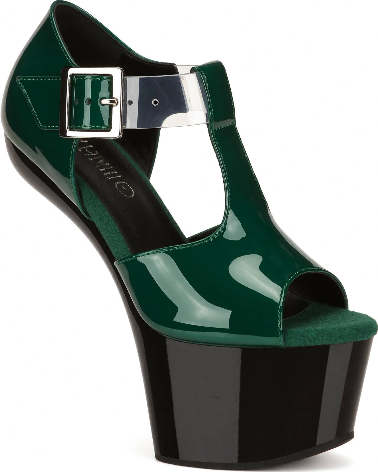 Clean three-quarter product hero shot on seamless white: a single deep emerald green metallic heelless shoe angled natural...