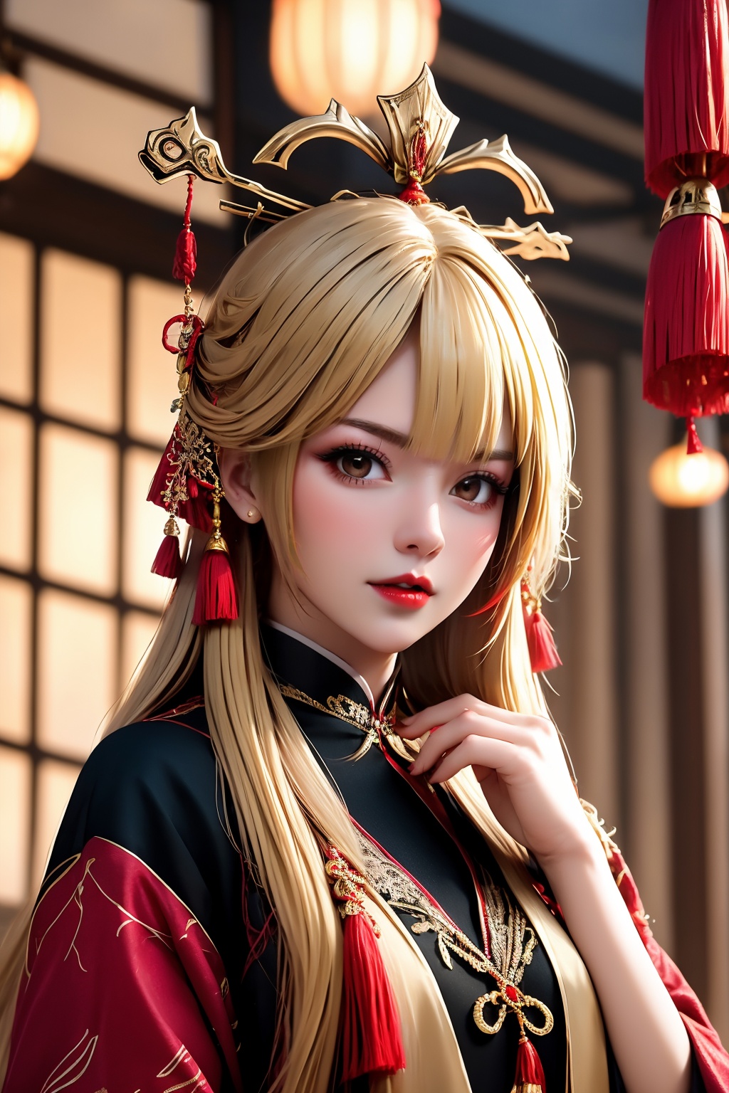 1girl, hair ornament, long hair, tassel, looking at viewer, parted lips, upper body, tassel hair ornament, blurry, blurry background, hair stick, chinese clothes, jewelry, red lips, parted bangs, dress, lips, hand up, 