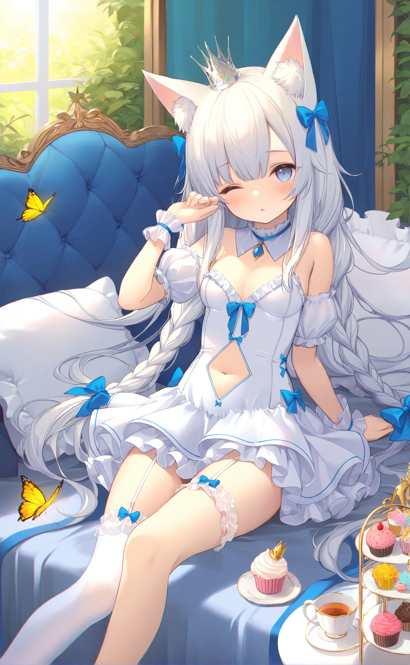 masterpiece,absurdres,best quality,loli,((petite)),high quality,chromatic_aberration,//,1girl, bug, butterfly, animal ears, solo, one eye closed, braid, long hair, thighhighs, crown, puffy short sleeves, very long hair, single thighhigh, puffy sleeves, white thighhighs, detached sleeves, navel, mini crown, cup, food, bare shoulders, navel cutout, cupcake, twin braids, short sleeves, blush, sitting, pillow, ;o, breasts, wrist cuffs, looking at viewer, dress, parted lips, hair bow, frills, feet out of frame, teacup, bow, garter straps, hand up, white dress, yellow butterfly<lora:12.3.2:0.8>,