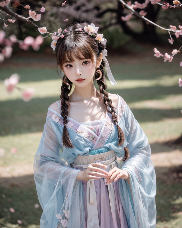 hanfu lulu,1girl,solo,hair ornament,flower,jewelry,branch,braid,earrings,upper body,chinese clothes,dress,brown hair,looking at viewer,cherry blossoms,holding,blurry,black hair,brown eyes,hair flower,long hair,blurry background,<lora:hanfu lulu_20231203210612:0.7>,