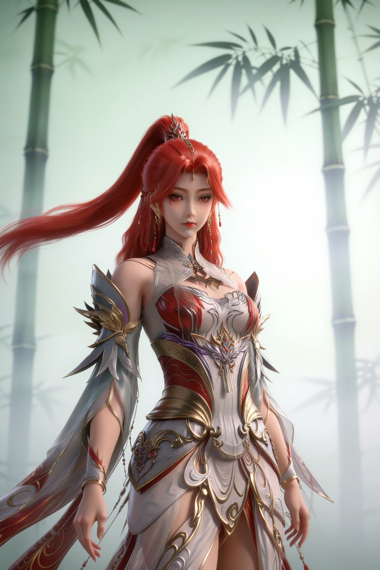 <lora:百炼成神-火允儿PonyV1.0:0.7>,1girl,long hair,ponytail,red hair,hair ornament,red eyes,earrings,white dress,bare shoulders,detached sleeves,clothing cutout,red dress,1girl, red hair, dress, long hair, solo, hair ornament, bamboo, ponytail, jewelry, bare shoulders, detached sleeves, white dress, clothing cutout, earrings