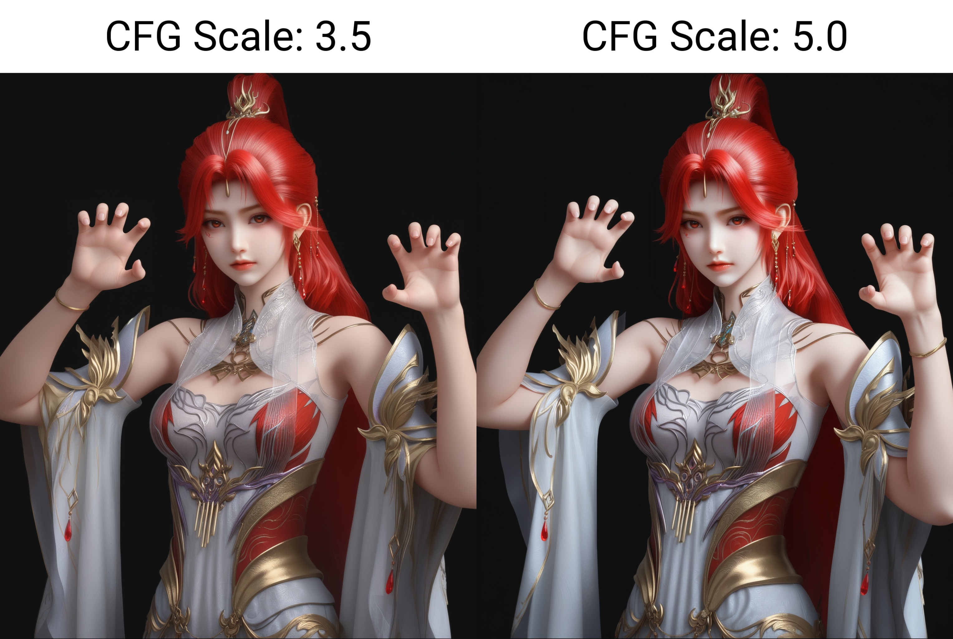 masterpiece,best quality,absurdres,highres,1girl,solo,<lora:火允儿-ill:0.83>,huoyuner,red hair,long hair,high ponytail,makeup,BREAKcollarbone,sheer overlay,bare shoulders,sheer collar,high collar,jewelry,hair ornament,dangling earrings,red gemstone,forehead decoration,detached sleeves,fantasy dress,looking at viewer,front view,claw_pose,BREAK(white_skin:1.1),(fair_skin:1.1),simple background,black background,