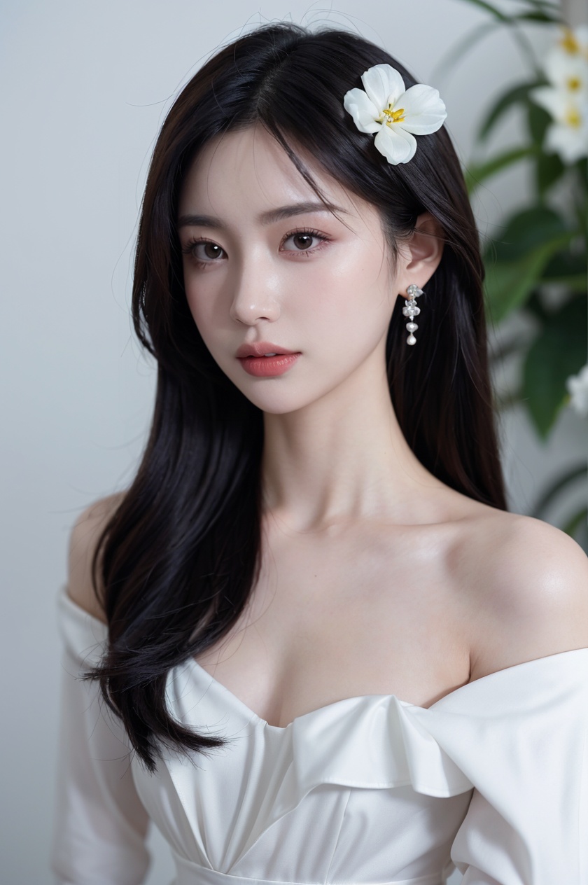 1girl, solo,(front view:1.2),(looking_at_viewer:1.4),(eye-contact:1.4),,black hair, long hair, jewelry, realistic, earrings, hair ornament, black eyes, lips, collarbone, parted lips, flower, watermark, upper body, portrait, hair flower, dress, web address,  <lora:YG红颜阁美女4:0.8>,