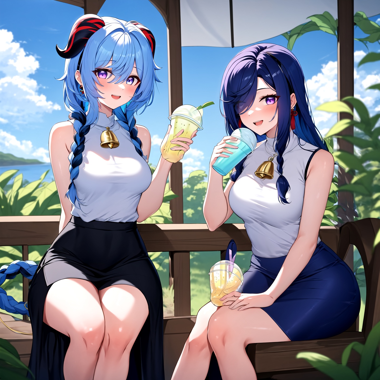 shenhe,genshin impact,shenhe \(genshin impact\),multiple girls,ganyu \(genshin impact\),blue hair,2girls,long hair,horns,smile,looking at viewer,purple eyes,ahoge,bangs,sleeveless,holding,sitting,alternate costume,black skirt,tassel,bell,breasts,parted lips,braid,cup,hair over one eye,hairband,blue eyes,white shirt,skirt,plant,goat horns,earrings,jewelry,slime \(genshin impact\),feet out of frame,tassel earrings,open mouth,cloud,shirt,neck bell,dress,day,sky,very long hair,outdoors,sleeveless shirt,holding cup,medium breasts,sidelocks,braided ponytail,contemporary,eyes visible through hair,flower,<lora:shenhe_v10_lora:1>,, masterpiece, best quality