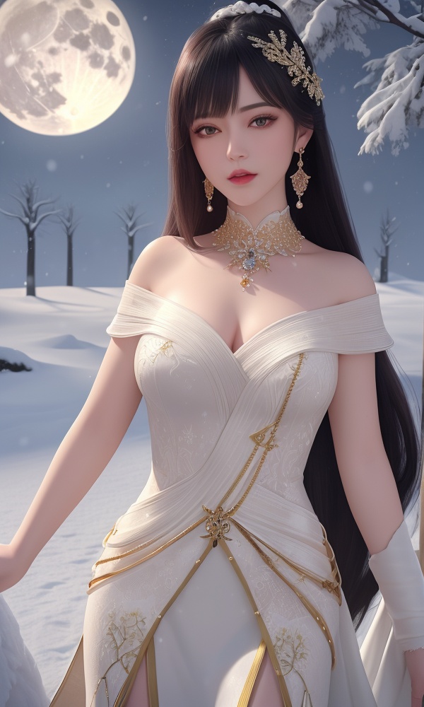 <lora:418-DA-百炼成神-莫雨馨:0.8>,(,1girl, ,best quality, ),looking at viewer,ultra realistic 8k cg, picture-perfect face,   clean, masterpiece,     cinematic lighting, cinematic bloom, fantasy,  , unreal, science fiction, ((,1girl, pov,))(((,tree, 1girl, full moon,snowing,snow ,solo,     solo focus,  long_hair, looking_at_viewer,  )))  (rich:1.4,)     prestige, luxury, jewelry, diamond, gold, pearl, gem, sapphire, ruby, emerald, intricate detail, delicate pattern, charming, alluring, seductive, erotic, enchanting, hair ornament, necklace, earrings, bracelet, , 1girl, , , depth_of_field, solo, , ,