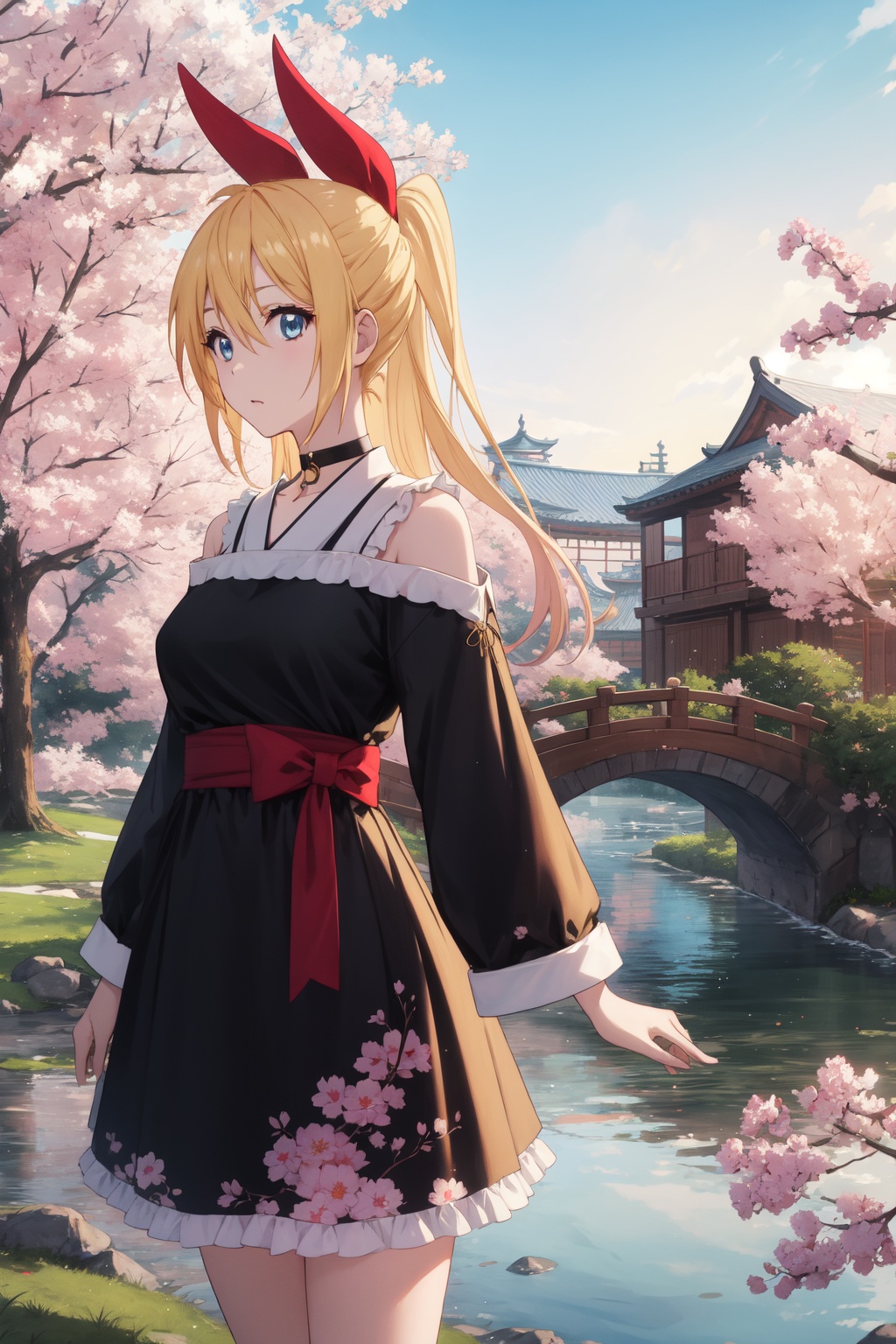 <lora:Chitoge-000008:0.8>,Chitoge CYQL,1girl,looking at viewer,solo,long hair,blonde hair,hair between eyes,ribbon,hair ribbon,red ribbon,hair bow,blue eyes,choker,Architectural one-shoulder mini dress with exaggerated flounce,teardrop,profile,Cherry blossoms, Garden, Petals, Blossoming trees, Serenity, Zen, Pond, Bridges,(Olive trees, Tuscan villa, Rolling hills, Harvested olives, Warm sunlight, Cypress trees:0.5),beautiful detailed sky,beautiful detailed glow,posing in front of a colorful and dynamic background,masterpiece,best quality,beautiful and aesthetic,contrapposto,female focus,wallpaper,