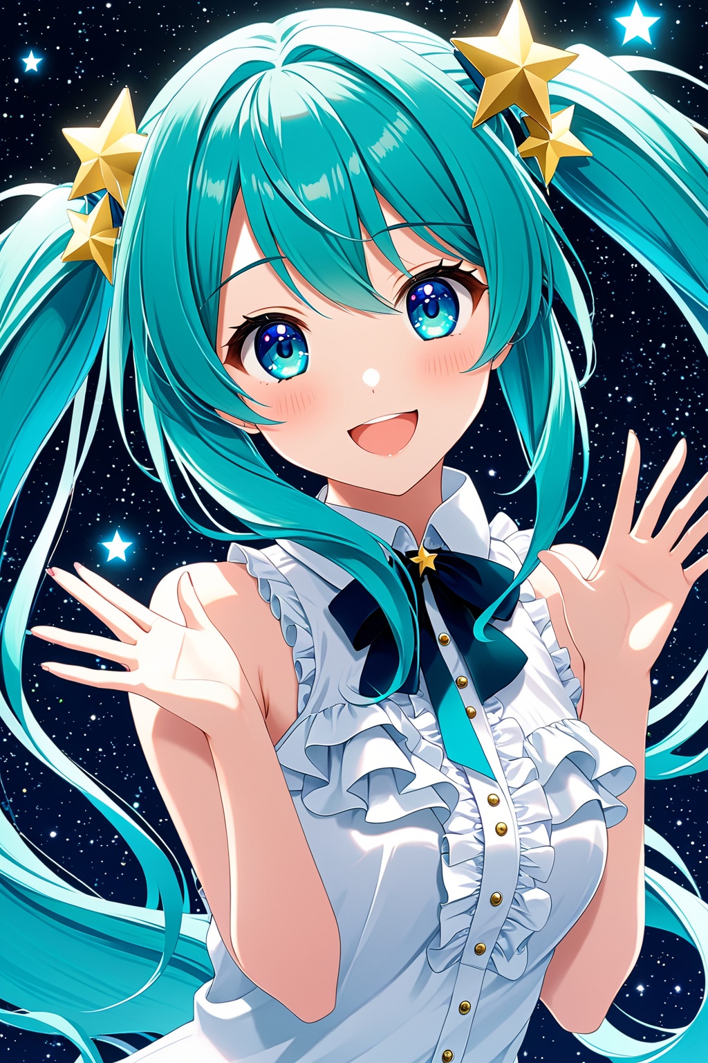 1girl, solo, long hair, looking at viewer, blush, smile, open mouth, bangs, blue eyes, simple background, shirt, hair ornament, white background, hair between eyes, bare shoulders, twintails, very long hair, blue hair, upper body, :d, frills, sleeveless, star \(symbol\), hands up, aqua hair, frilled shirt, starry background, hatsune miku