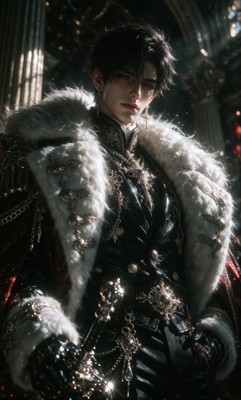 A strikingly handsome male figure with piercing blue eyes and sleek black hair stands poised under dramatic lighting,  dra...