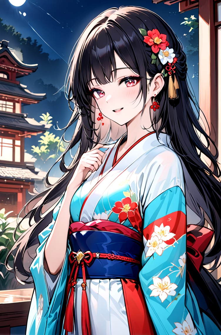 Maiden,Solo,Blue eyes,Hair ornaments,Flowers,Long hair,Look at the audience.,Earrings,Flowering,Jewellery,Kimono,Japanese style clothing,Black hair,Upper body,Bangs,Belt,Close the mouth,Printing,Tassel,obi,Blue kimono,Red flowers,Make-up,Blush,Pink flowers,Printed kimono,Hairpin,East Asian Architecture,Night Sky,Shut Up,Happy,Accurate,Best Quality,Anatomical Correct,Red Eye,Nai3 Style (Nai, masterpiece, The best quality, Hyperfine, Beautiful and delicate eyes:1.2,