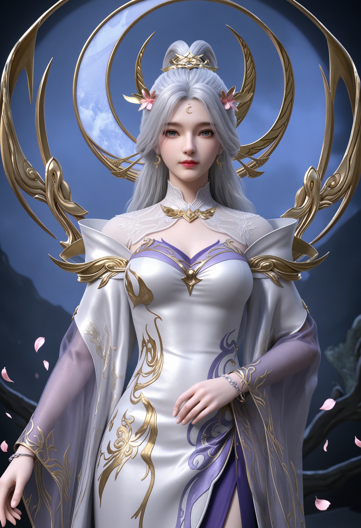 (cowboy shot:1.2),(looking at viewer:1.1),masterpiece,(best quality),smog,Dark room,dim lighting,peach blossom,falling petals,<lora:YQ_Illustrious光辉v5_月神_仙武传_V1:0.8>,q1528437228,1girl,solo,long hair,hair ornament,jewelry,white hair,forehead mark,earrings,dress,white dress,blue eyes,grey hair,crescent earrings,long sleeves,grey eyes,high heels,white footwear,hair bun,flower,wide sleeves,pantyhose,shoes,bracelet,side slit,