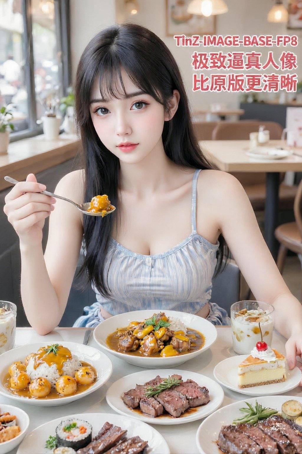 一位大约18岁的年轻亚裔女性坐在桌旁，面向观众。她留着齐刘海的黑色长发，皮肤白皙，眼神温柔，一双明亮的大眼睛格外引人注目。她穿着一件浅蓝色和白色条纹的无袖上衣，里面是一件细肩带背心。她容貌姣好，皮肤白皙，手上拿着一把盛满食物的勺子。桌上摆满了各种美味佳肴，包括咖喱鸡饭、芝士球、芝士排骨、芝士蛋糕、牛排、寿司等等。背景是一家餐厅，这是一张人像照片。图片右上角标注，第一行“TinZ-IMAGE-BASE-FP8”；第二行“极致逼真人像”；第三行“比原版更清晰”；红色文字带白色边框，文字右边对齐。 <lora:20260210_TinZIACLora:0.7>