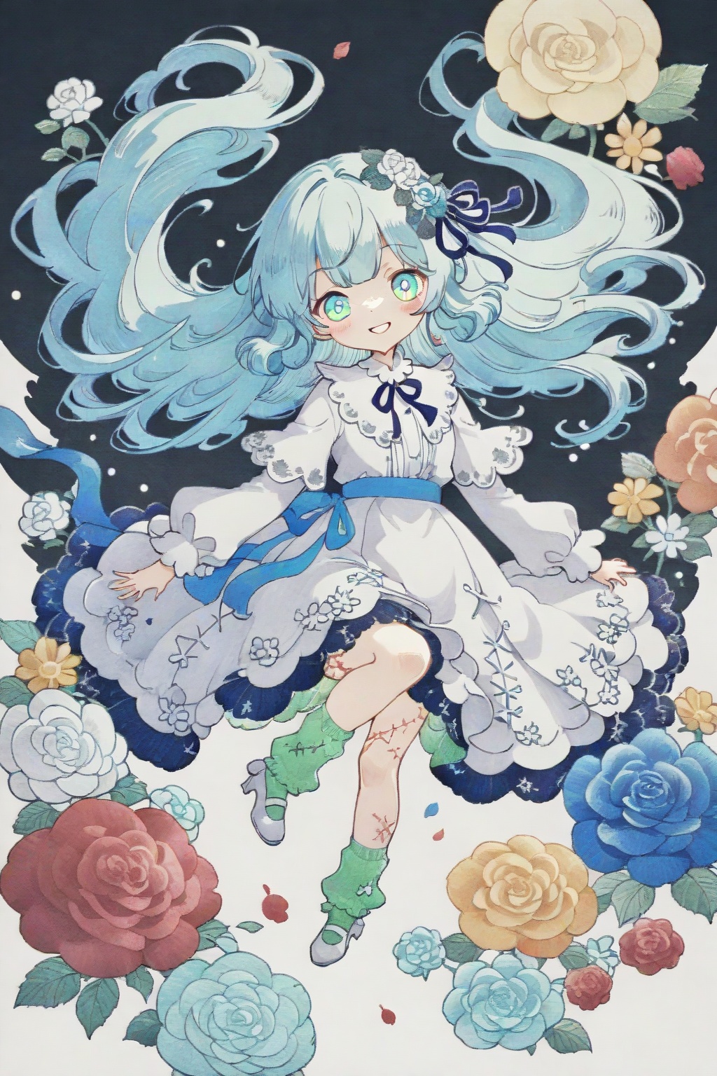 1girlsololong hairlooking at viewersmileblue eyeswhite backgrounddressribbonblue hairflowerlyingshoessockswhite dressgrinhigh heelsfloating hairrosewhite footwearwhite flowerred flowerblue floweryellow flowerorange flowergreen socks<lora:mnsp Texture2D:1>,