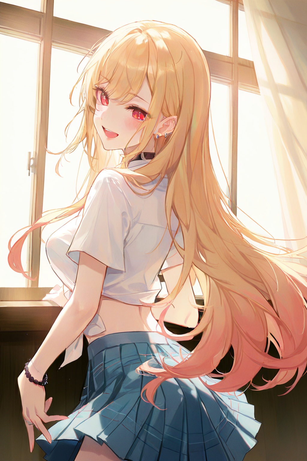 (masterpiece),(best quality),solo, 1girl, kitagawa_marin, long_hair, shirt, blonde_hair, skirt, looking_at_viewer, piercing, red_eyes, white_shirt, jewelry, ear_piercing, tied_shirt, smile, open_mouth, school_uniform, bracelet, choker, from_behind, pleated_skirt