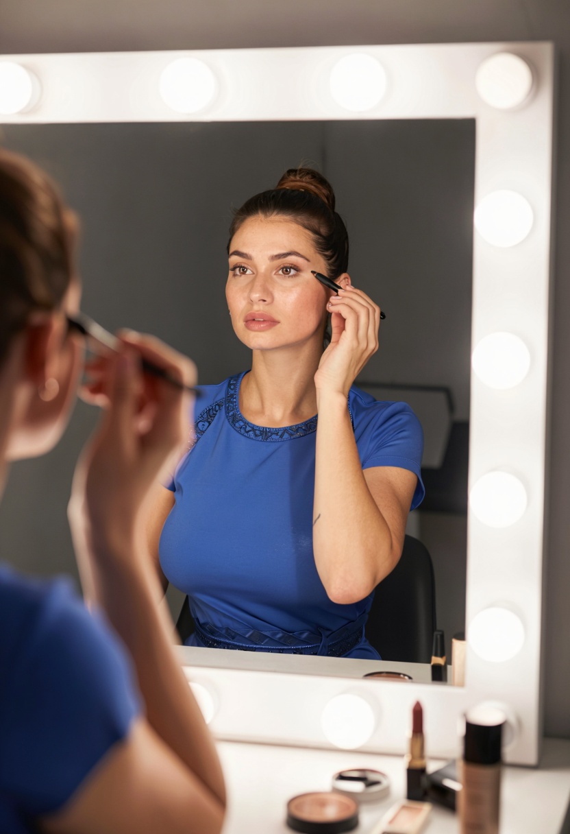 Photo taken in the 1980s with analog film. Close-up of a woman reflected in the mirror of a makeup dressing room,  applyin...