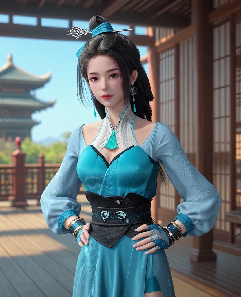 (oriental architecture, elegant decor, sophisticated style:1.1),(standing with hands on hips:1.1),(breasts:1.2),<lora:XLCG师兄蓝灵娥:0.95>,miss lanlinge,blue dress,brown eyes,black hair,low-tied long hair,hair ornament,hair bun,sash,puffy sleeves,fingerless gloves,earrings,jewelry,, score_9,score_8_up,score_7_up,score_6_up,score_5_up,score_4_up,3d rendering,tag1,tag2, Cinematic Lighting,backlighting,