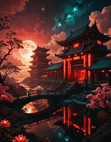 in space,  cyberpunk asian temple,  space station above clouds on Tensor.Art