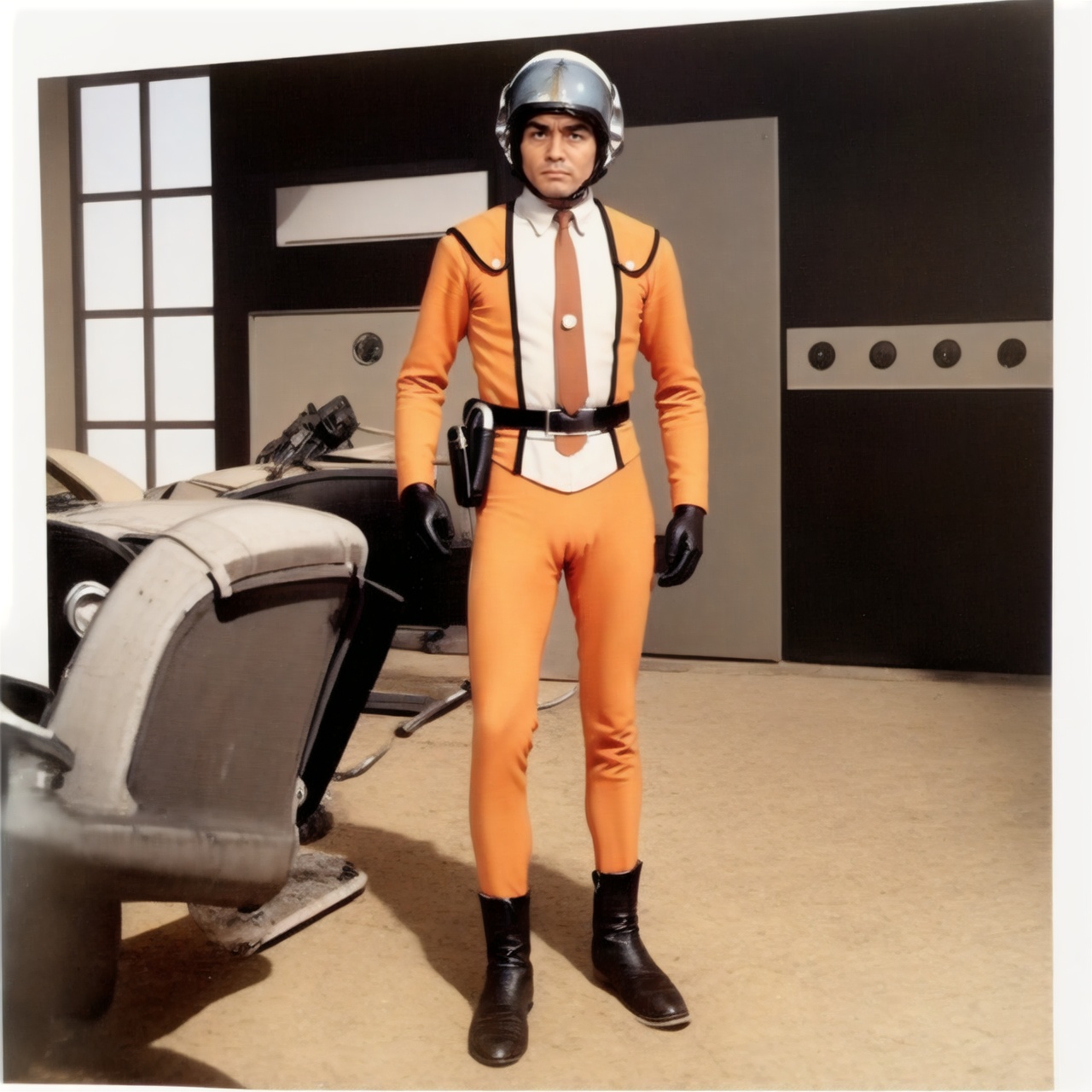 (masterpiece:1.3),(the best quality:1.2),(super fine illustrations:1.2),(Masterpiece),high quality,high detail,(white background:1.2),looking at viewer,(SOLO:1.4),outline,simple background,full body,<lora:sssp-真人底模:0.8>, belt,jacket,helmet,boots,uniform,military uniform,collar,choker,logo,gloves,shirt,necktie,orange jacket,white shirt,black gloves,suit,black footwear,orange pants,leggings,emblem,pants,armor,bodysuit,belt pouch,