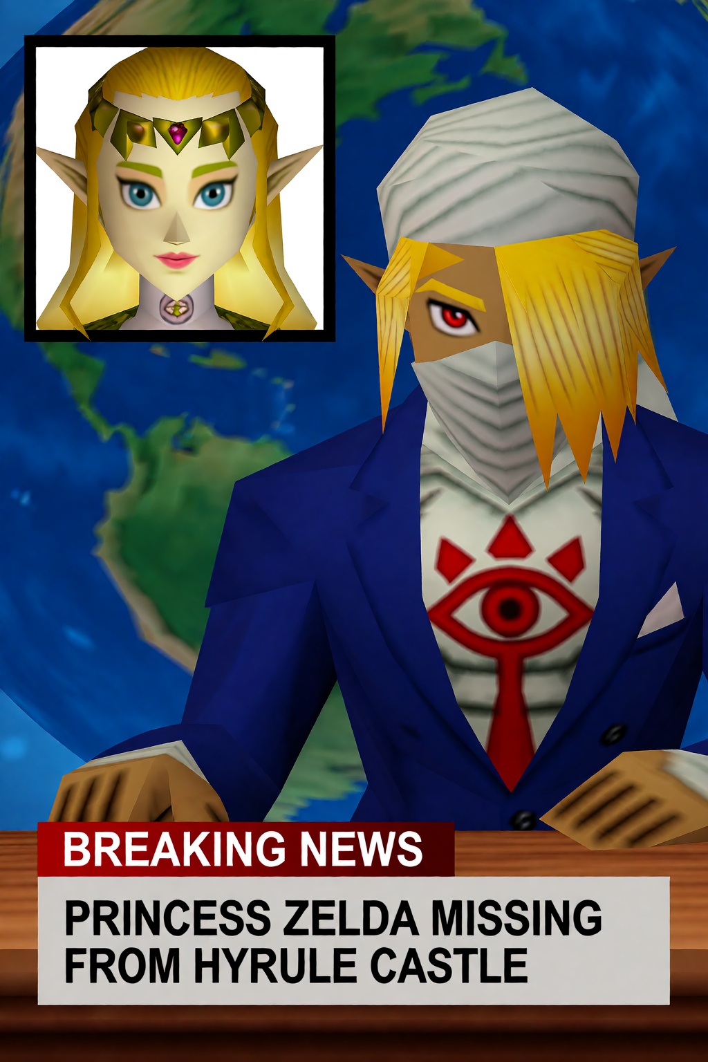 low poly N64 from OOT style,  A Breaking News broadcast featuring Sheik man sitting at a desk in front of a blue globe bac...