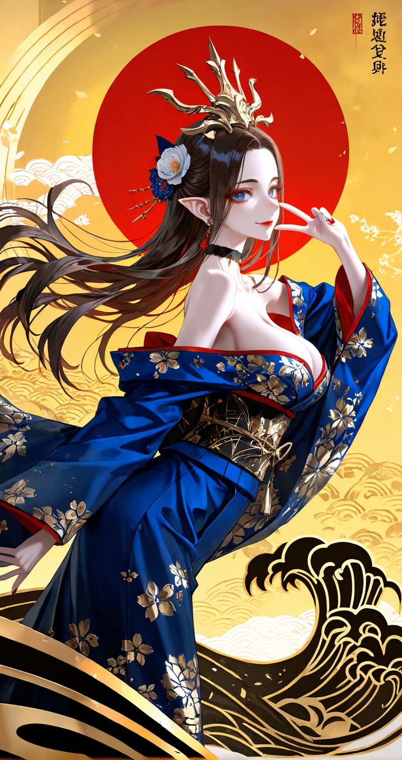 <lora:美杜莎-0.0819:0.7>,meidusha,1girl,pointy ears,solo,long hair,earrings,jewelry,black hair,crown,hair ornament,looking at viewer,brown hair,blue eyes,red lips,makeup,1girl,breasts,solo,japanese clothes,kimono,smile,v,hair ornament,choker,large breasts,flower,looking at viewer,hair flower,wide sleeves,sash,earrings,blue kimono,jewelry,obi,floral print,from side,sideboob,bare shoulders,black choker,off shoulder,long sleeves,alternate costume,close-up details,outstanding style,adding a touch of dimension to your images without compromising details,whirls of vapor,iridescent textures,(Anime:1.1),ethereal ambiance,delicate details,magical high-concept,32K UHD,sharp focus,best-quality,masterpiece,golden hour,unconventional supreme masterpiece,masterful details,temperate atmosphere,with a high-end texture,in the style of fashion photography,photography,cover,dynamic angle,dynamic posture,(artist:quasarcake:0.8),extreme aesthetic,(wlop:0.6),(honjou raita, lack, rella:0.5, wanke),masterpiece,best quality,good quality,very aesthetic,absurdres,visual impact,a shot with tension,ultra-high resolution,32K UHD,sharp focus,best-quality,masterpiece,emotionalization,unconventional supreme masterpiece,masterful details,temperate atmosphere,with a high-end texture,in the style of fashion photography,(visual impact:1.2),giving the poster a dynamic and visually striking appearance,impactful picture,official art,colorful,splash of color,movie perspective,masterpiece,best quality,amazing quality,very aesthetic,absurdres,best quality,newest,