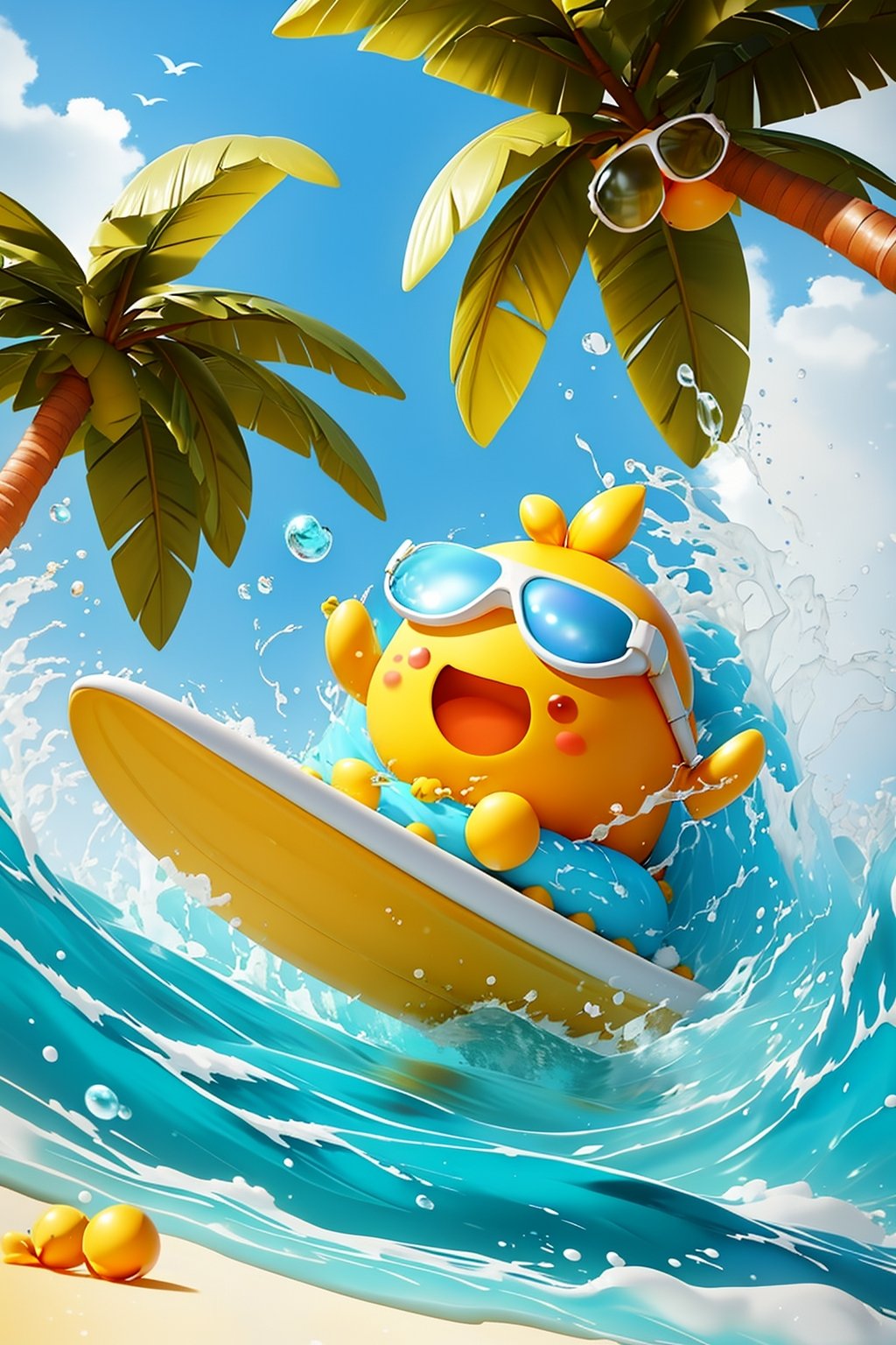 Coconut trees,bubbles,beaches,birds,bubbles,clouds,sky,head glasses,goggles,leaves,lemons,ocean,open mouth,outdoors,palm trees,partial underwater footage,plants,sky,sunglasses,water,water drops,<lora:冲浪芒果:0.75>,