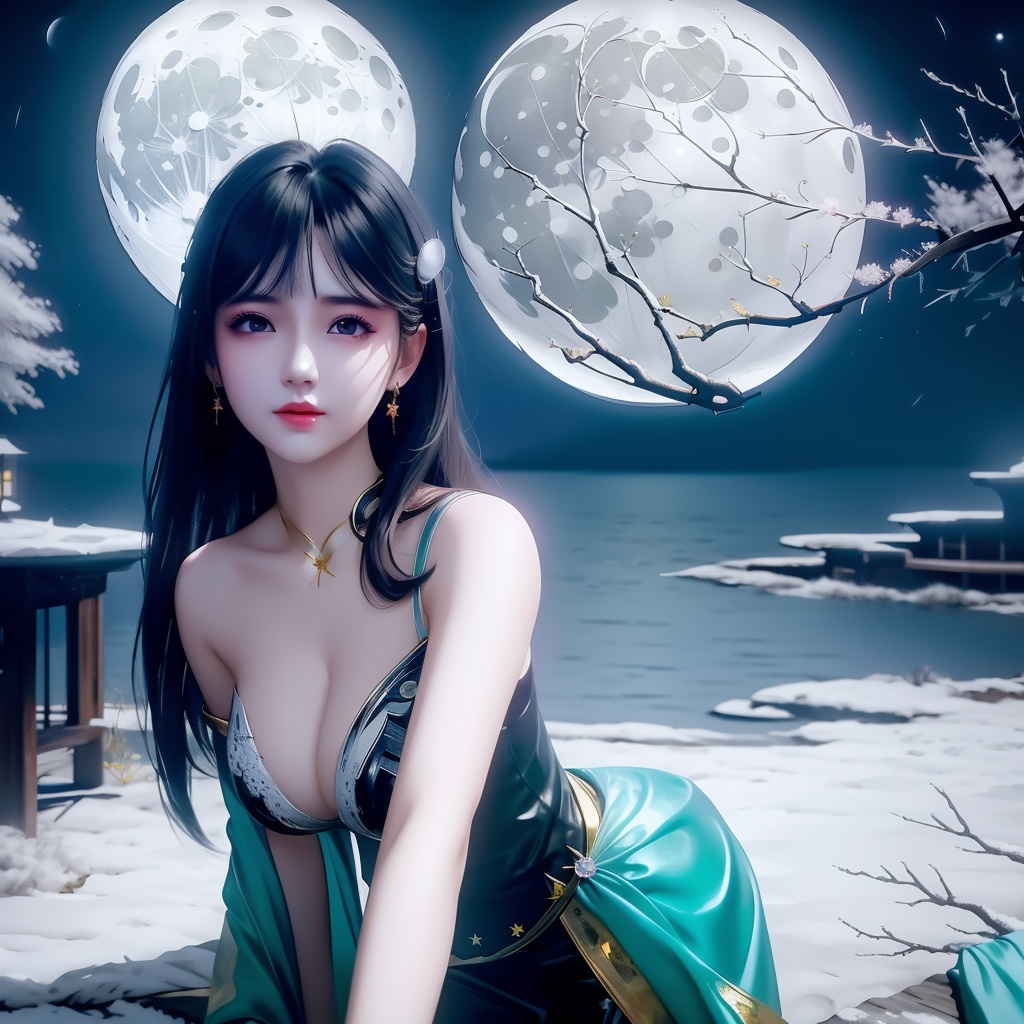 <lora:739-DA-斗破苍穹-慕青鸾:0.8>, (,1girl, ,best quality, ),looking at viewer,  ,ultra detailed background,ultra detailed background,ultra realistic 8k cg, ,masterpiece, (( , )),, ,fiction,mole,,      ,(cleavage), (),  ,see-through, lace, (((, solo, moon, , bare_tree, )))(cleavage),